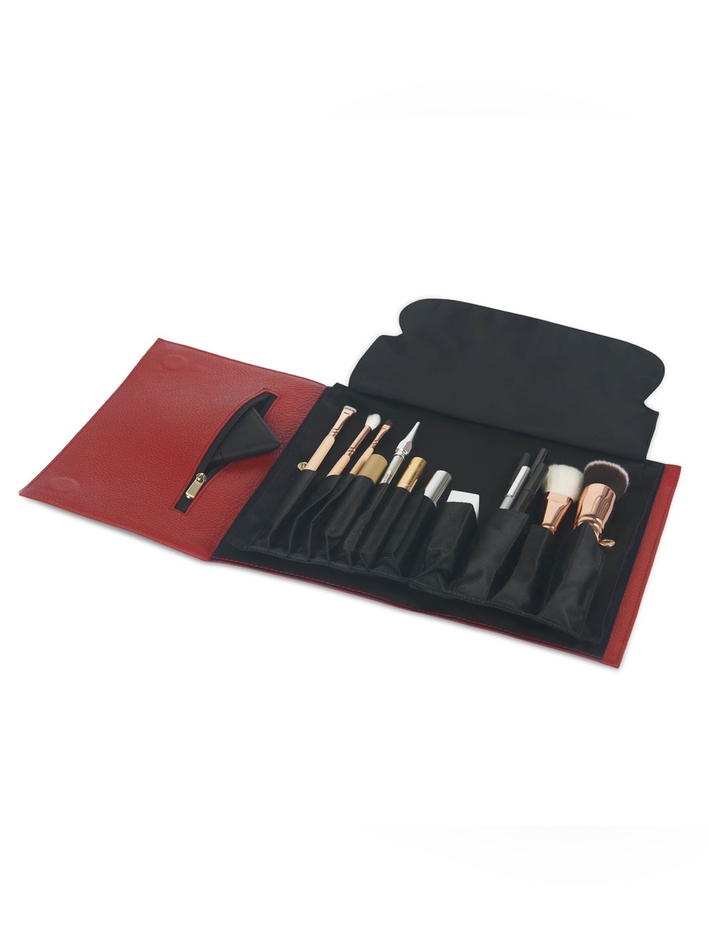 Kusshi Red Leather Makeup Clutch Cover with Brush Organizer Attachment